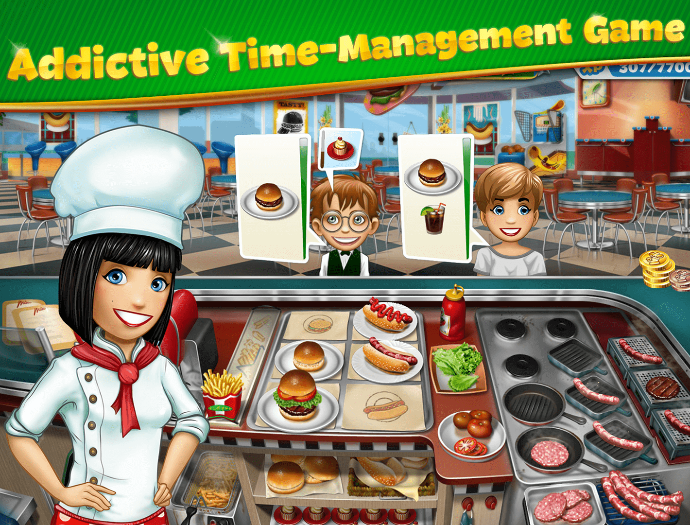 Cooking Fever mobile restaurant management game featuring burger cooking, food preparation, customer orders, kitchen upgrades, chef gameplay, and addictive time management mechanics.