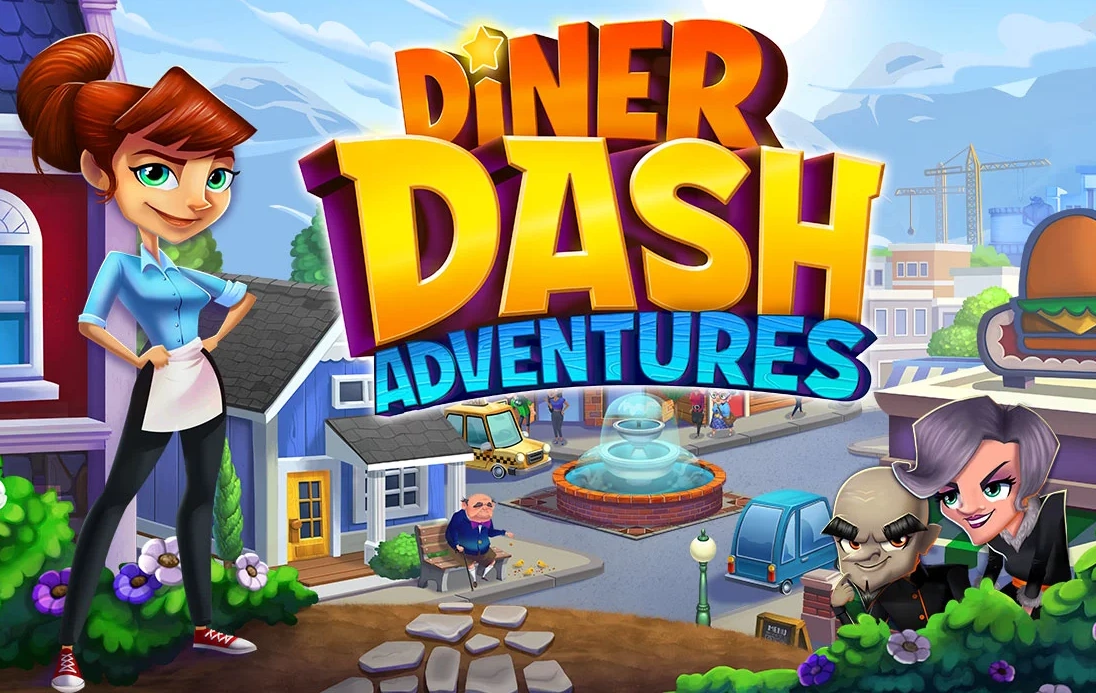 Diner Dash Adventures mobile cooking and restaurant management game featuring customer service, food delivery, restaurant upgrades, and town restoration gameplay.