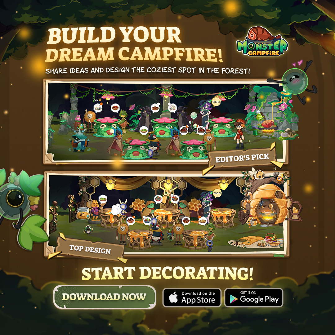 Monster Campfire cooking simulation game with restaurant customization, campfire decoration, cute monsters, cozy forest cafe design, and player community creations.
