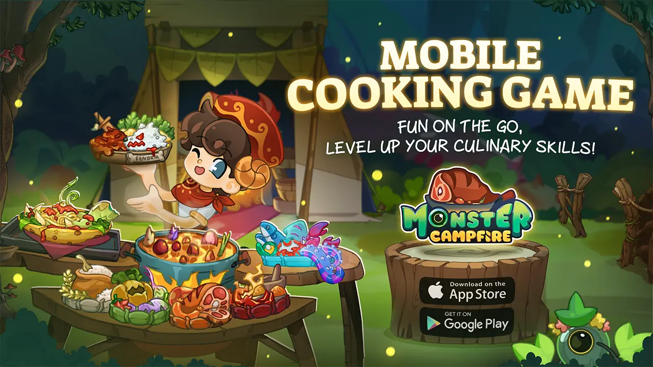 Fantasy food recipes and camping cooking scene in Monster Campfire mobile game.