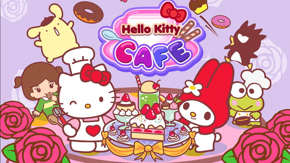 Hello Kitty Cafe restaurant and bakery management game featuring Sanrio characters, dessert making, cake decorating, cafe customization, customer service, and casual cooking gameplay.