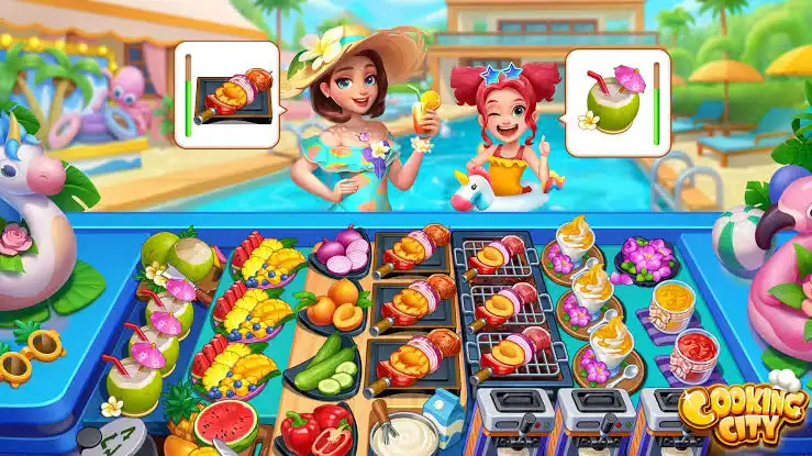 Cooking City mobile cooking game with restaurant simulation, food serving mechanics, kitchen management, customer orders, and fast-paced chef gameplay.