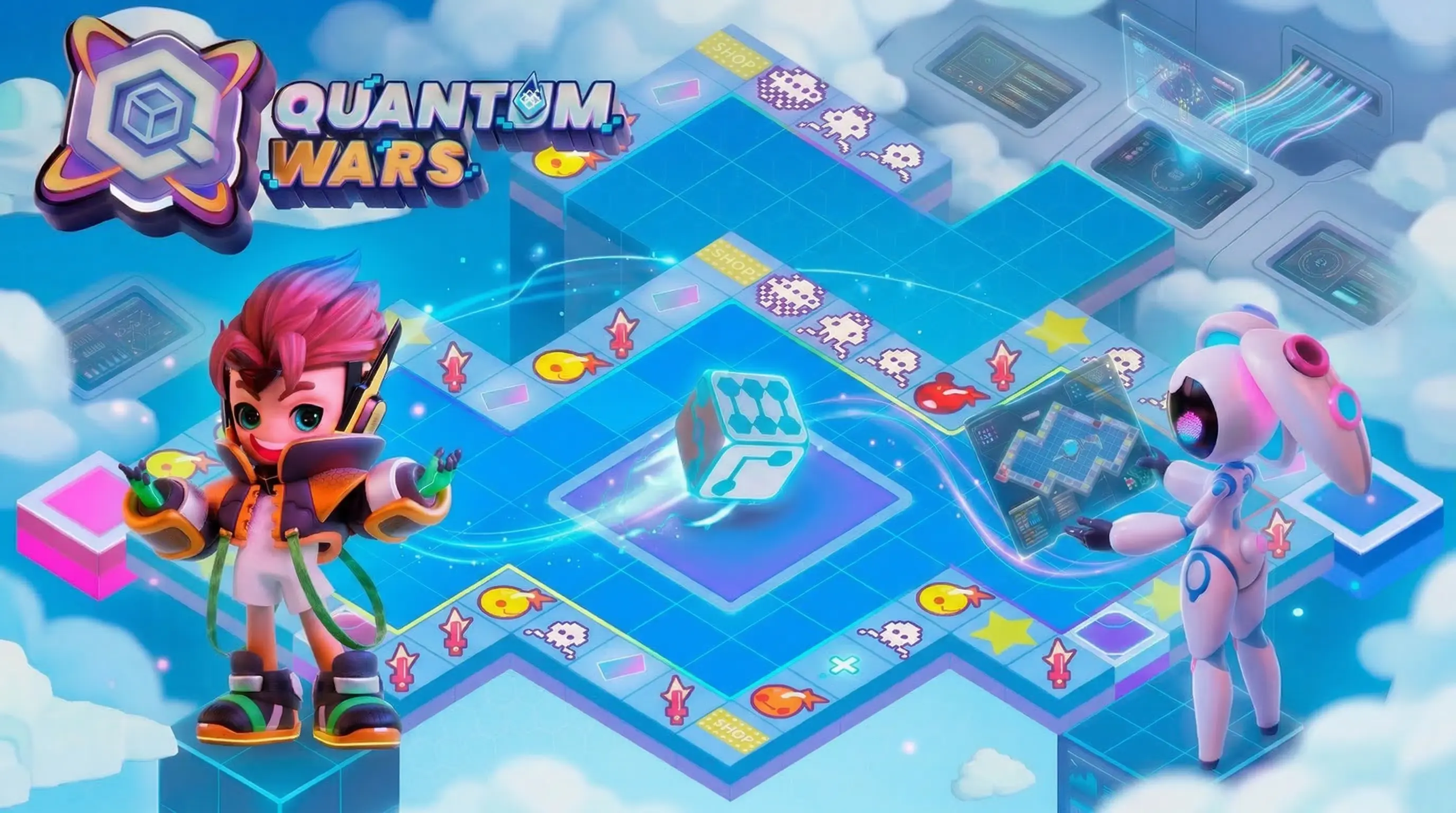 Quantum Wars 成人桌面游戏，科幻策略桌游，云端蓝色网格棋盘上的动漫角色、机器人和量子骰子。